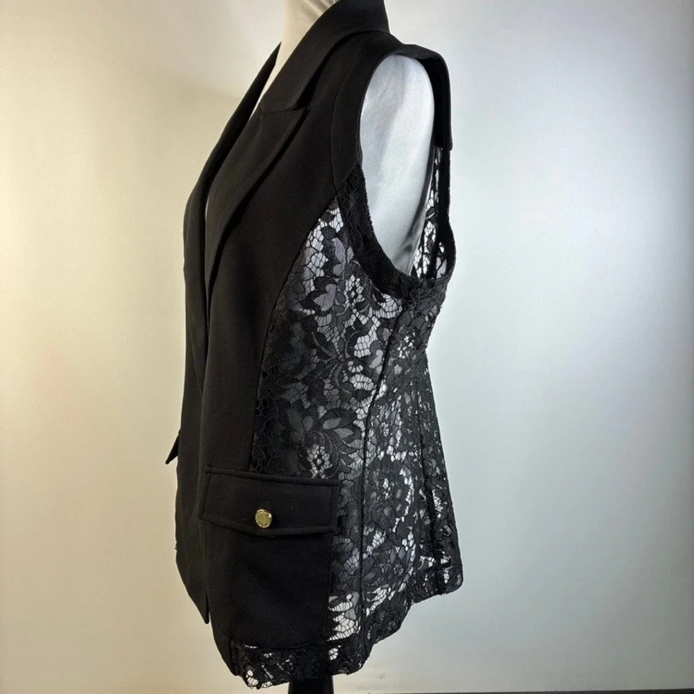 Nine West Womens Black Lace Back Sleeveless Blazer Vest Gold Button Size Large - Picture 14 of 16